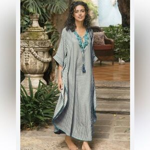 Soft Surroundings Blue and White Striped kaftan Dress with Teal beads  size xL